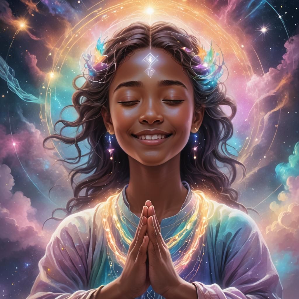 Celestial Dreamscape: Mystical Being in Prayer