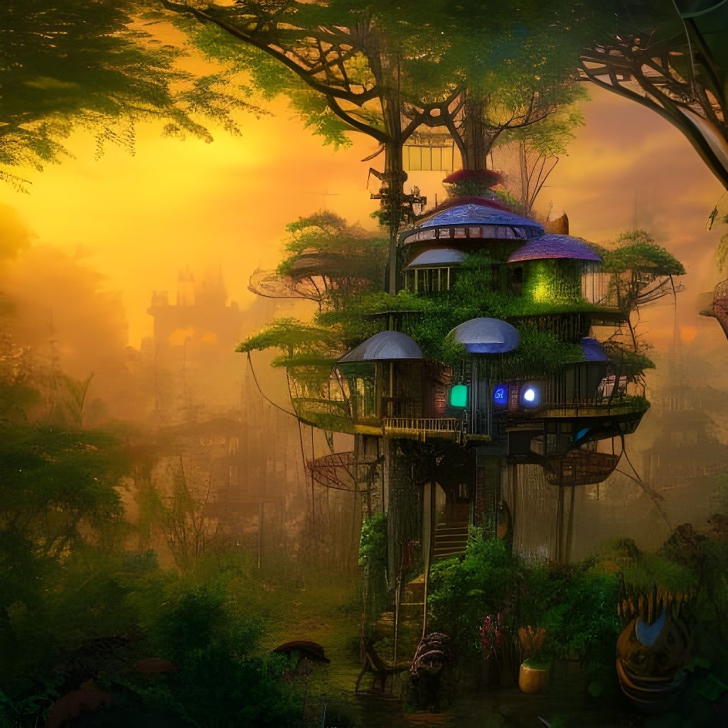 Steampunk Treehouse Mansion at Sunset