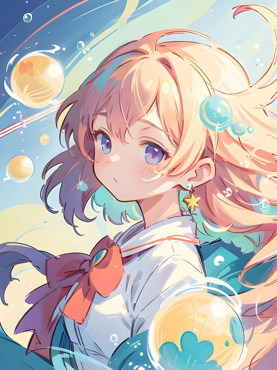 Elegant Woman Surrounded by Colorful Bubbles