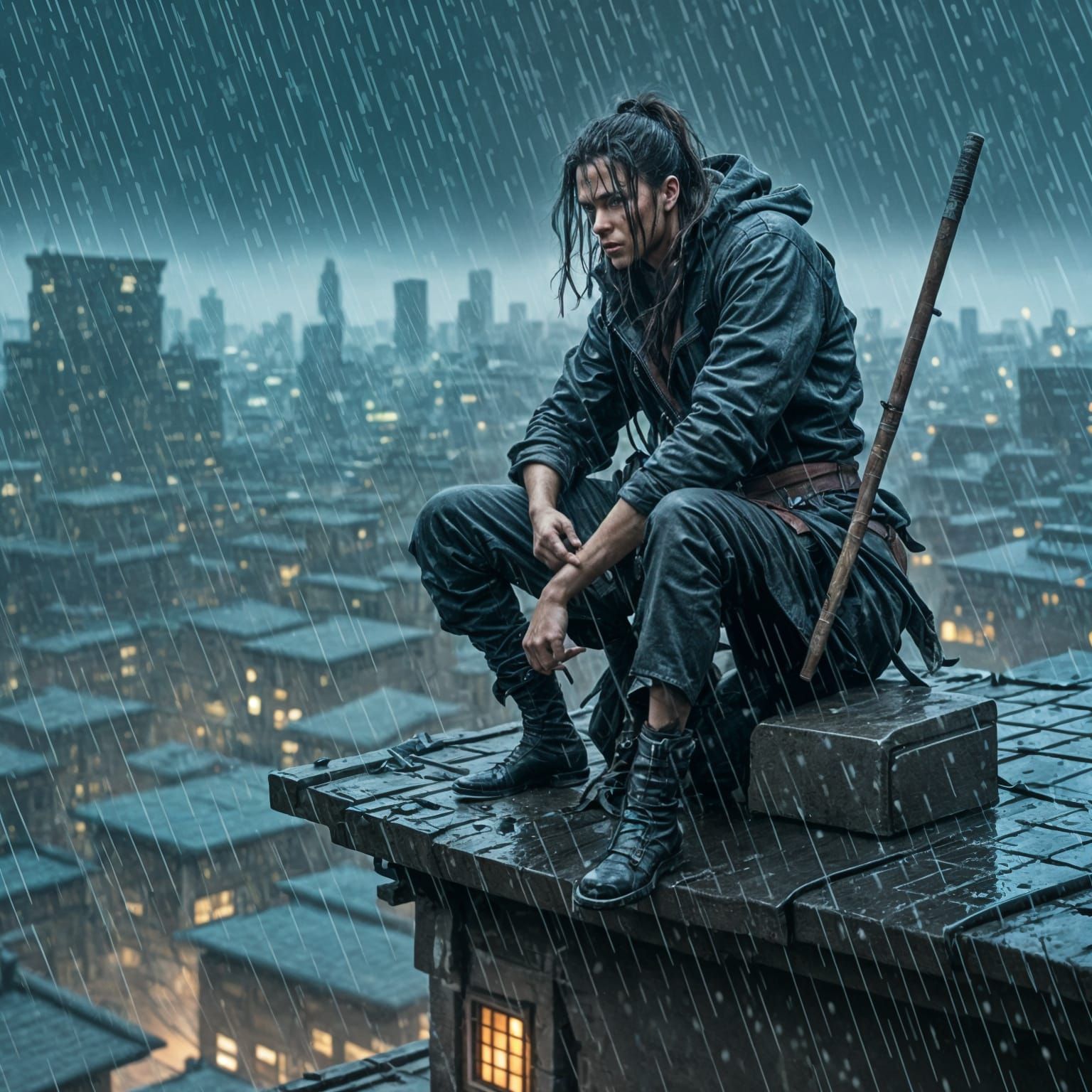 Digital Assassin on Rooftop in Neon Rain