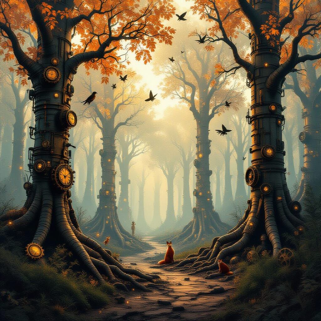 Steampunk Forest with Metallic Trees and Clockwork Creatures