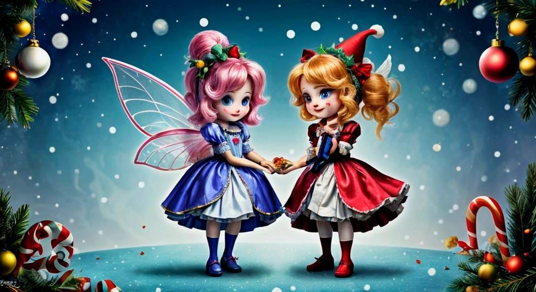 Two Adorable Fairies Exchanging Gifts in a Magical Christmas...