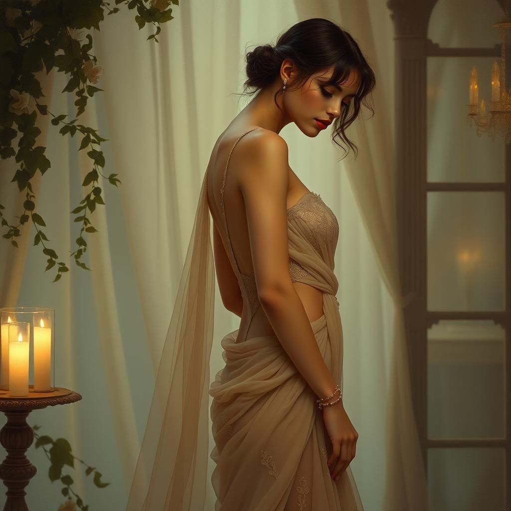 Ethereal Woman in Sheer Gown, Art Nouveau Style