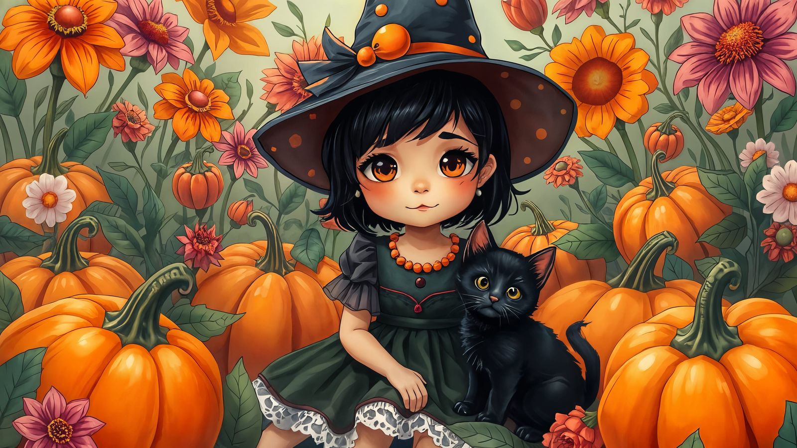 Latina Witch and Kitten in Pumpkin Garden as Digital Art