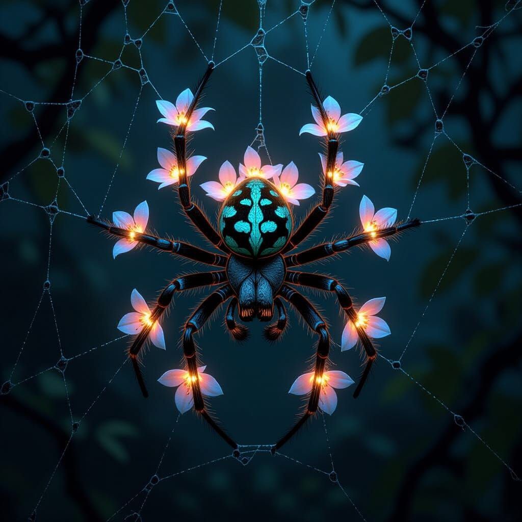Bioluminescent Floral Spider in Shadowy Web