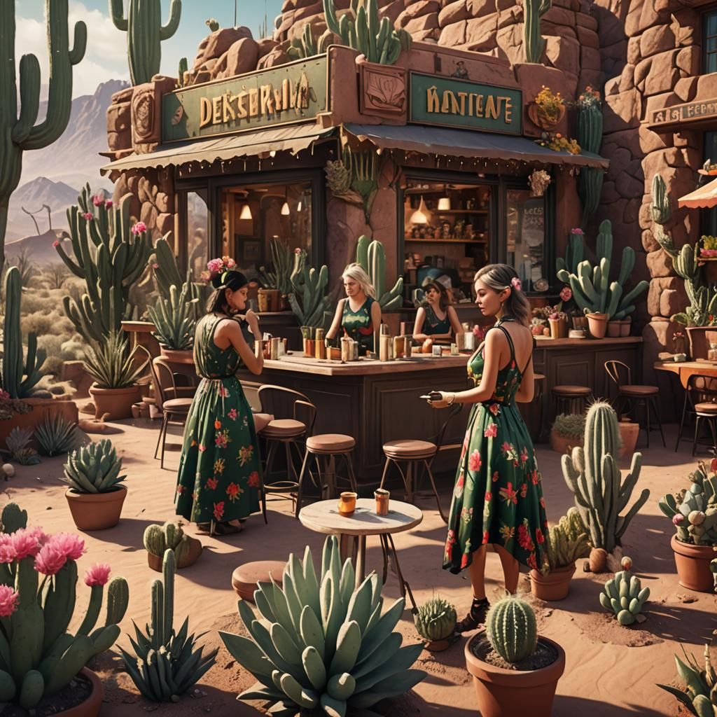 Desert Cafe: Women in Cactus Dresses, Fantasy Art