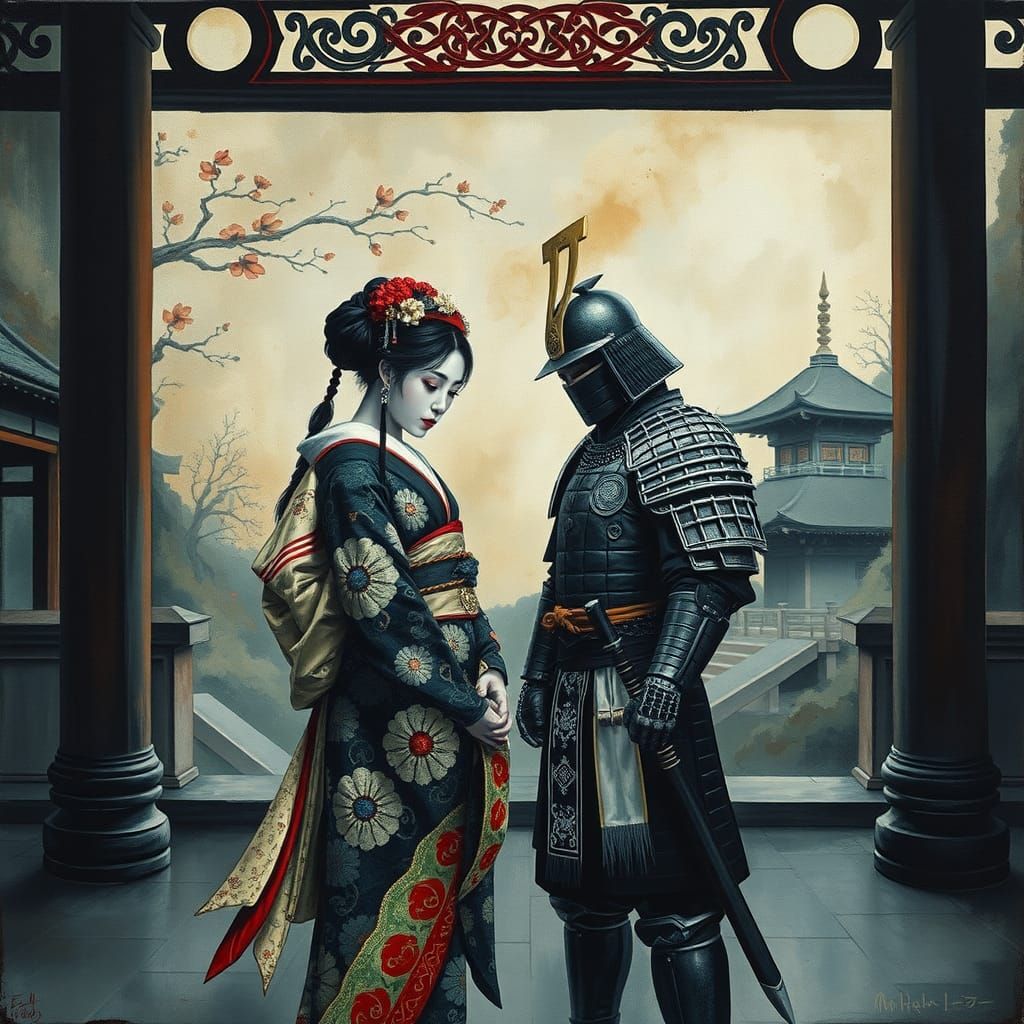 Geisha and Samurai in Surreal Art Deco Style