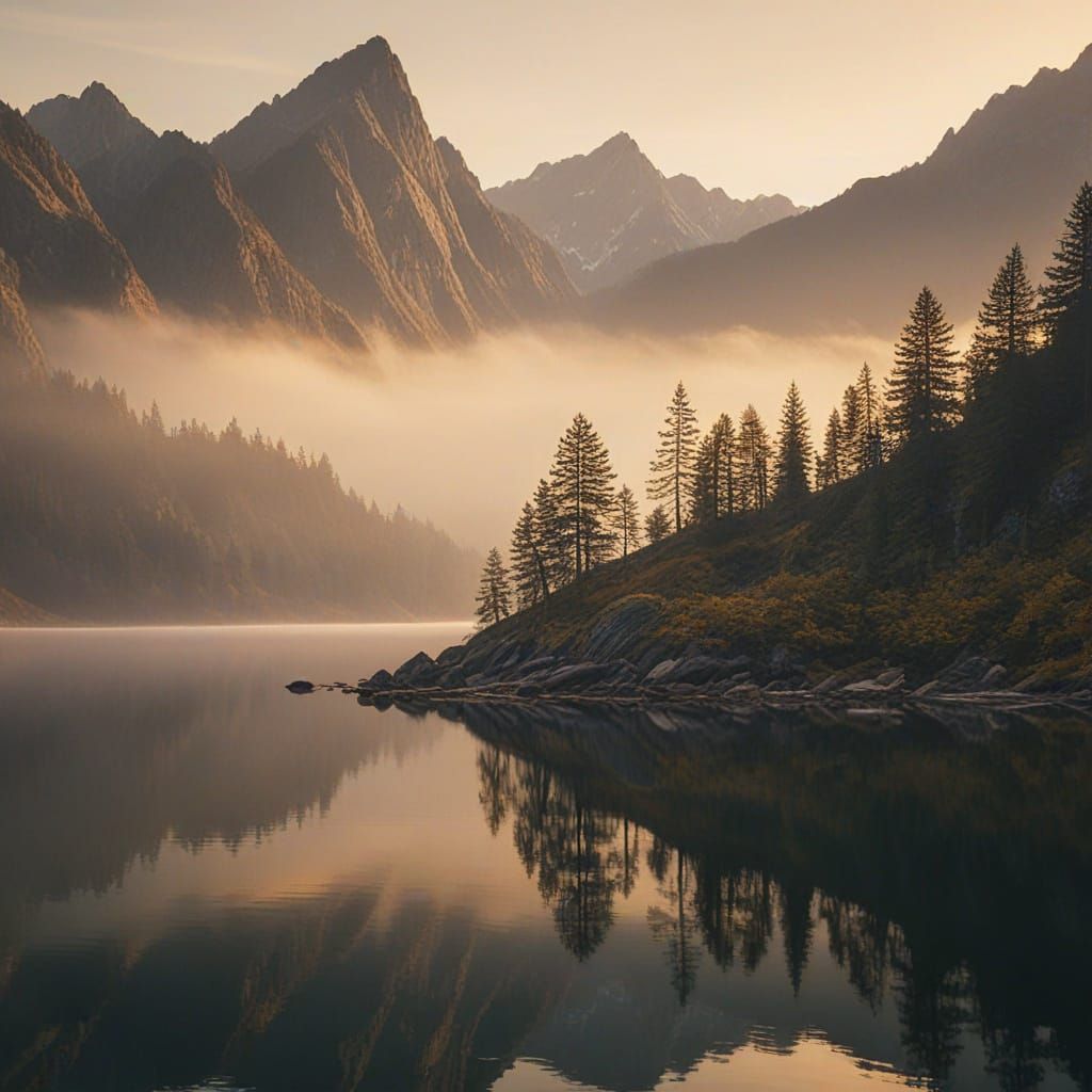 Misty Mountain Lake at Golden Hour