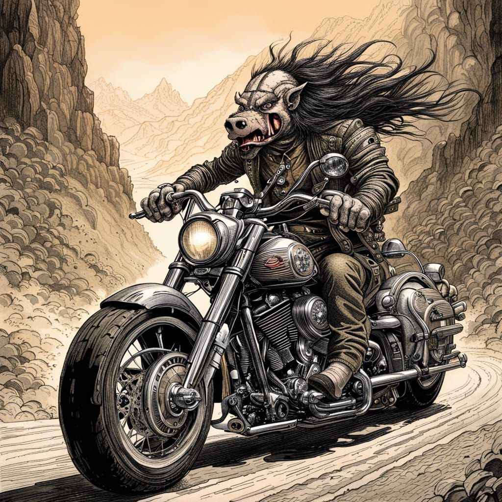 Humanoid Hog Rides Motorcycle in Fantasy Ink Drawing