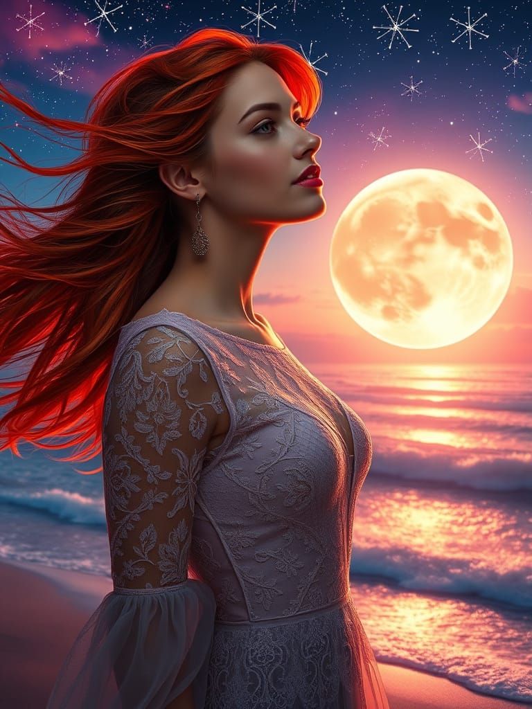 Red-Haired Woman Gazing at Starry Sky