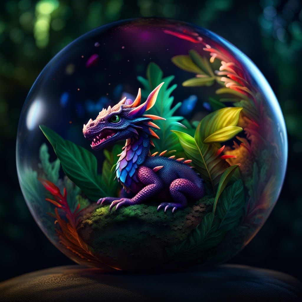 Hyperrealistic Baby Dragon in Glass Sphere