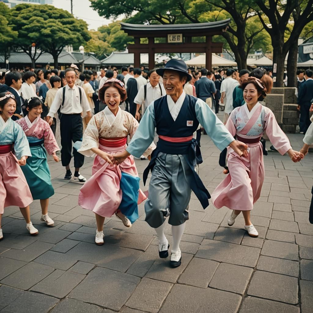 Japanese Square Dancers in Yokohama: Photorealistic Film Sti...