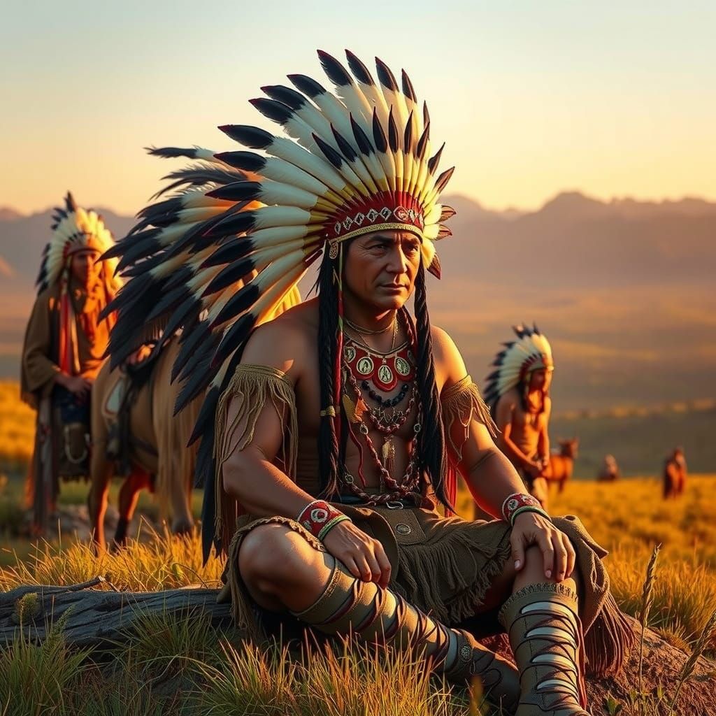Native American Chief on Horseback at Golden Hour