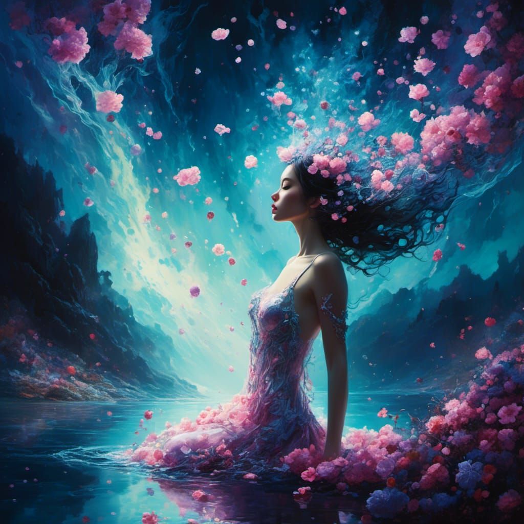 Sad Woman Dissolving into Flowers: Watercolour Painting