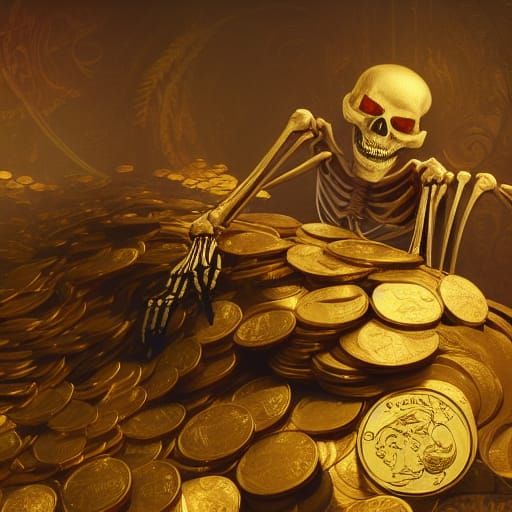 Skeleton Counting Gold Coins in Art Nouveau Style