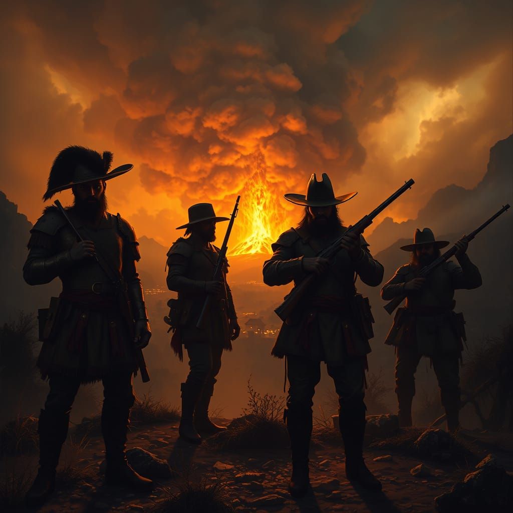 Conquistadors Silhouetted Against Volcanic Eruption