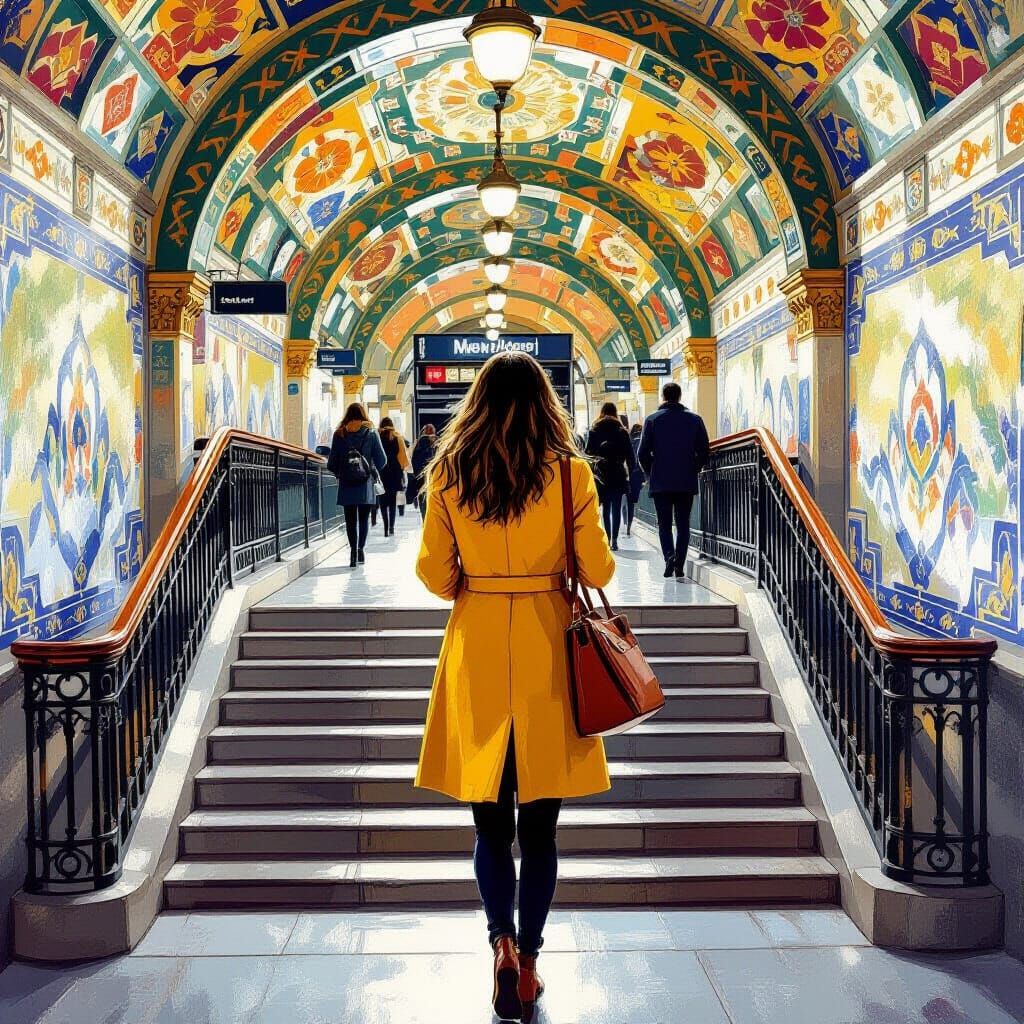 Woman in Yellow Coat in Madrid Metro, Impressionist Style