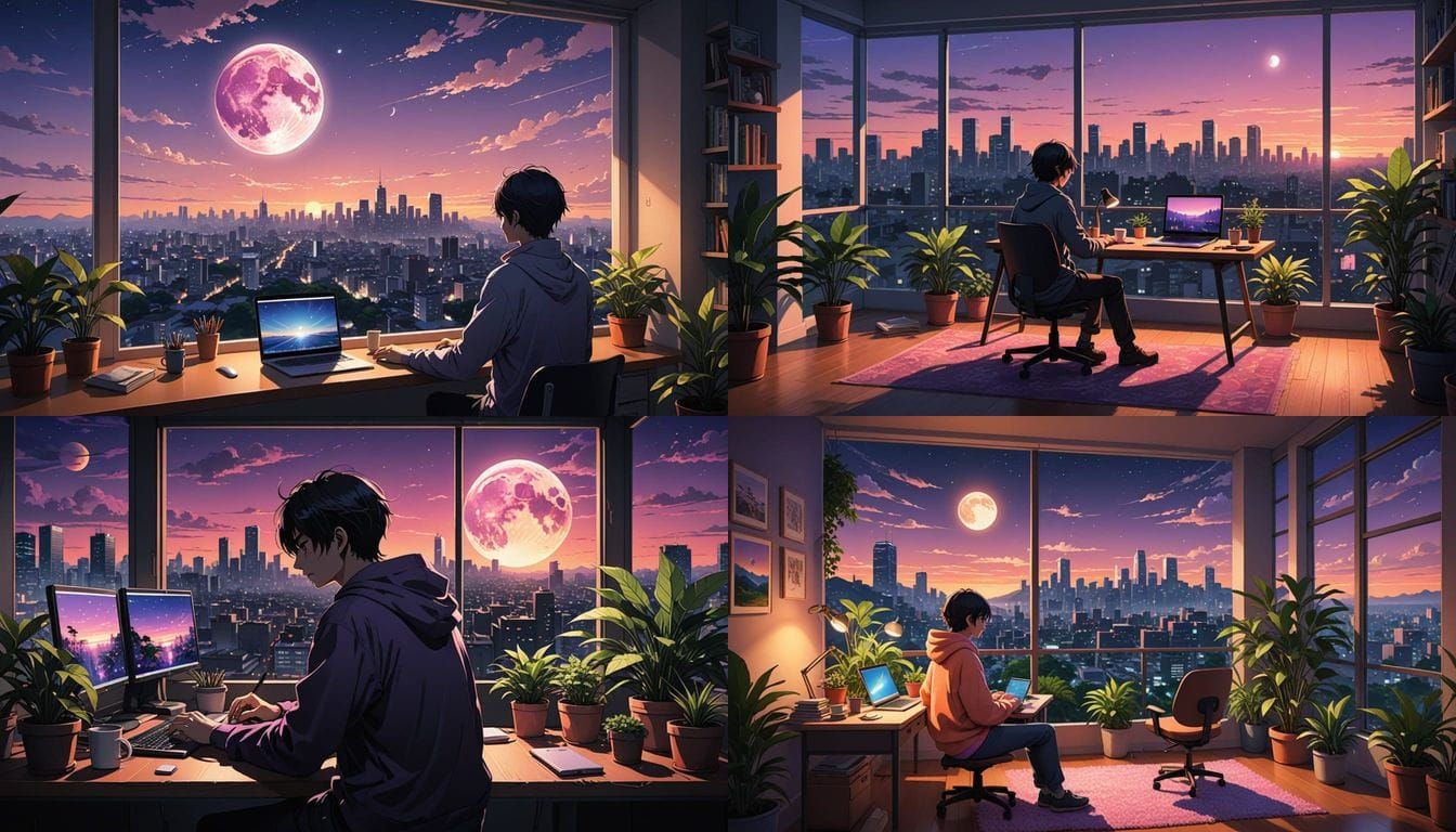 Cozy Nighttime Scene with Cityscape and Glowing Moon