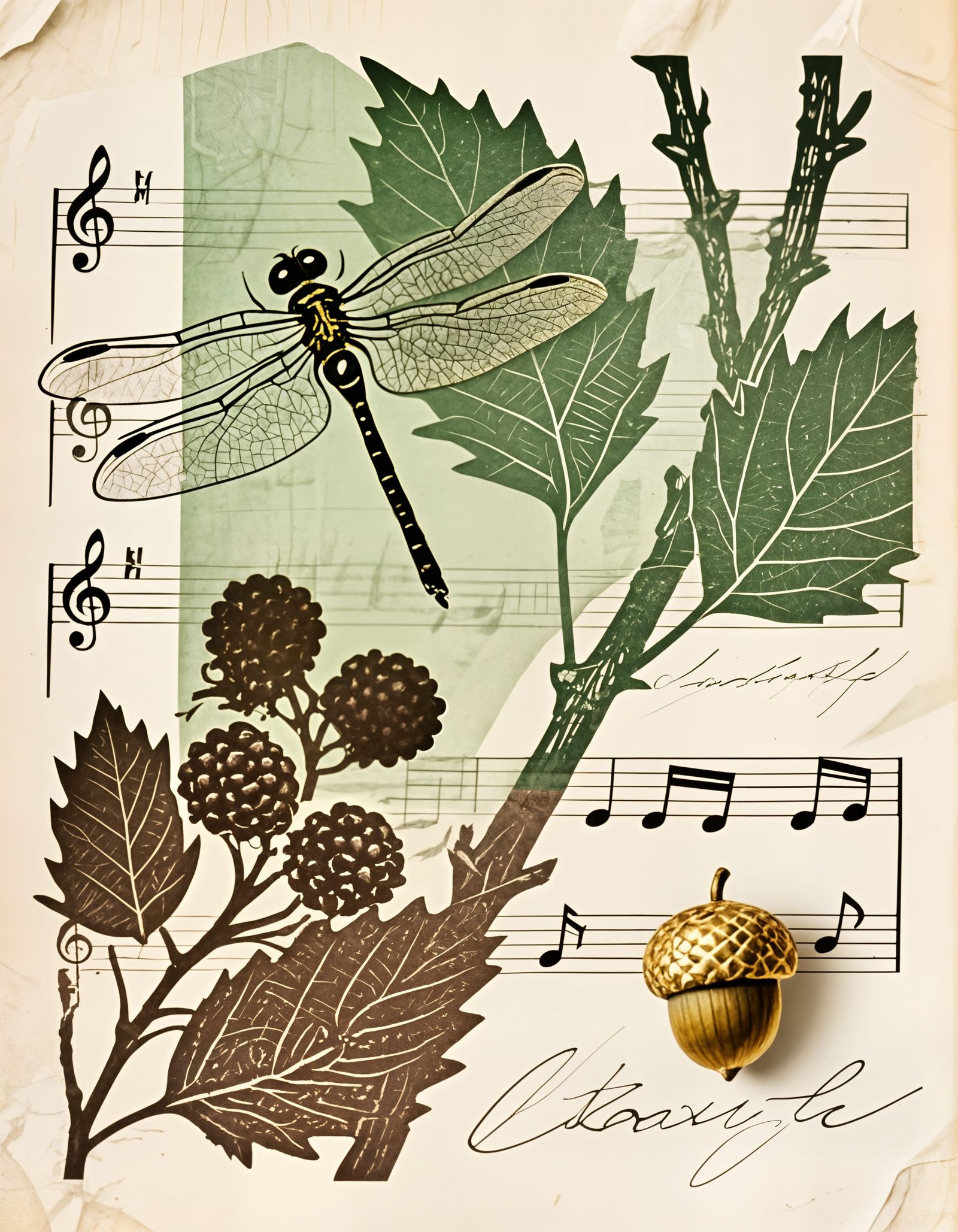 Vintage Collage of Nature and Music Elements