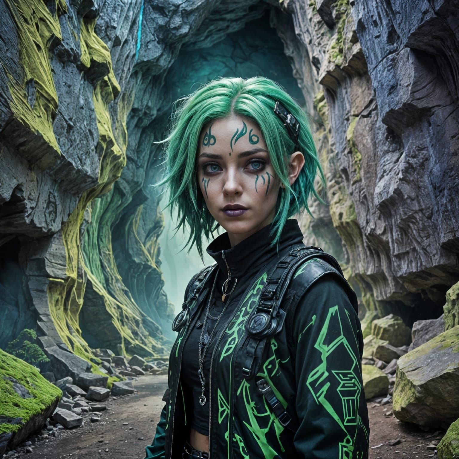 Cybergoth French Girl with Green Gradient Hair