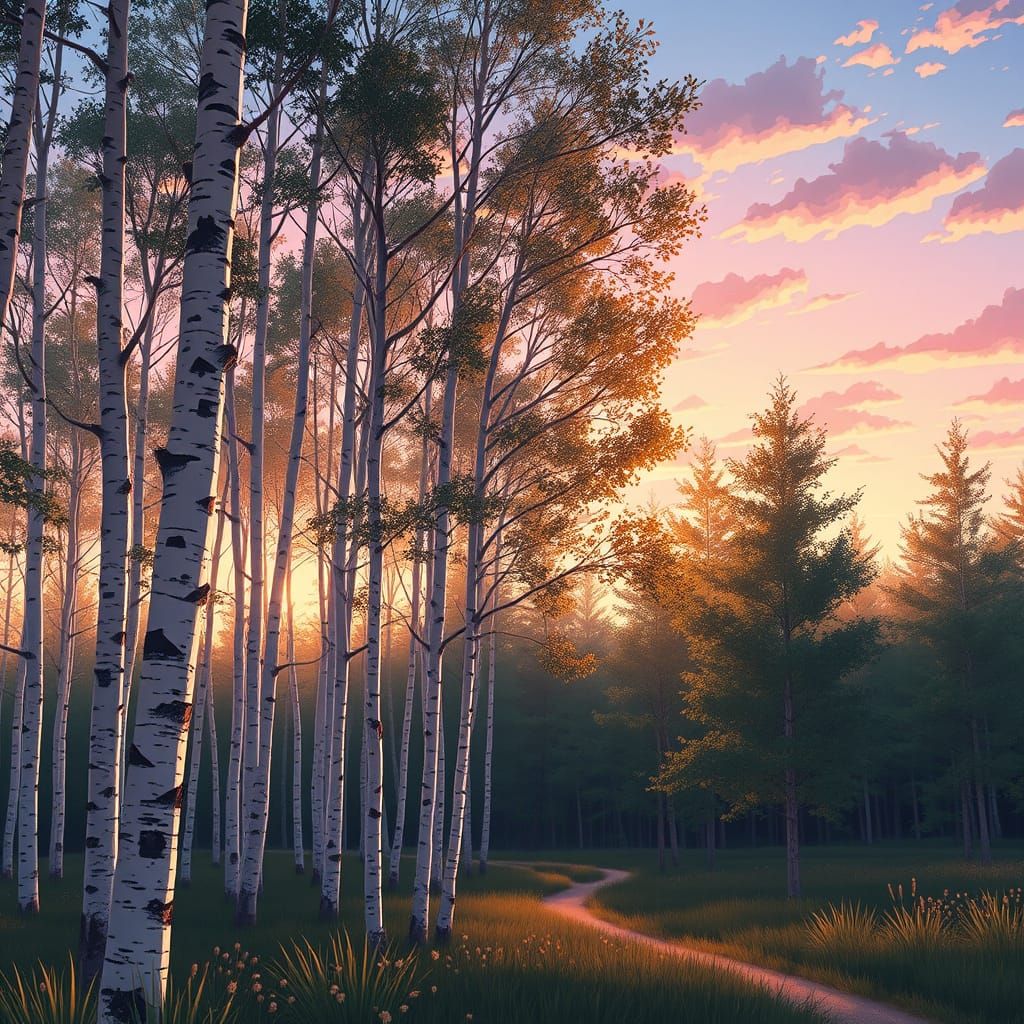 Surreal Birch Tree Forest Glows in Vibrant Anime Style