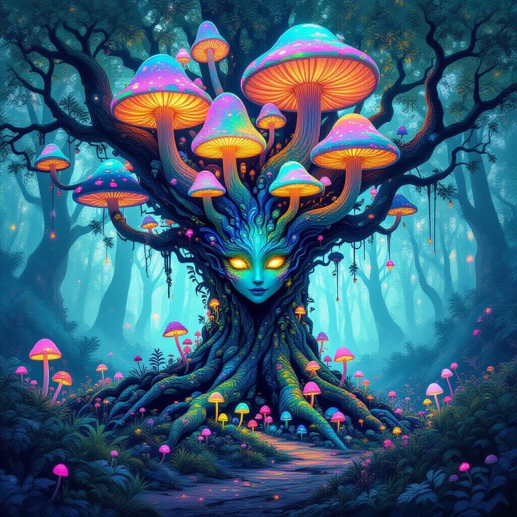 Psychedelic Tree Spirit in a Surreal Forest