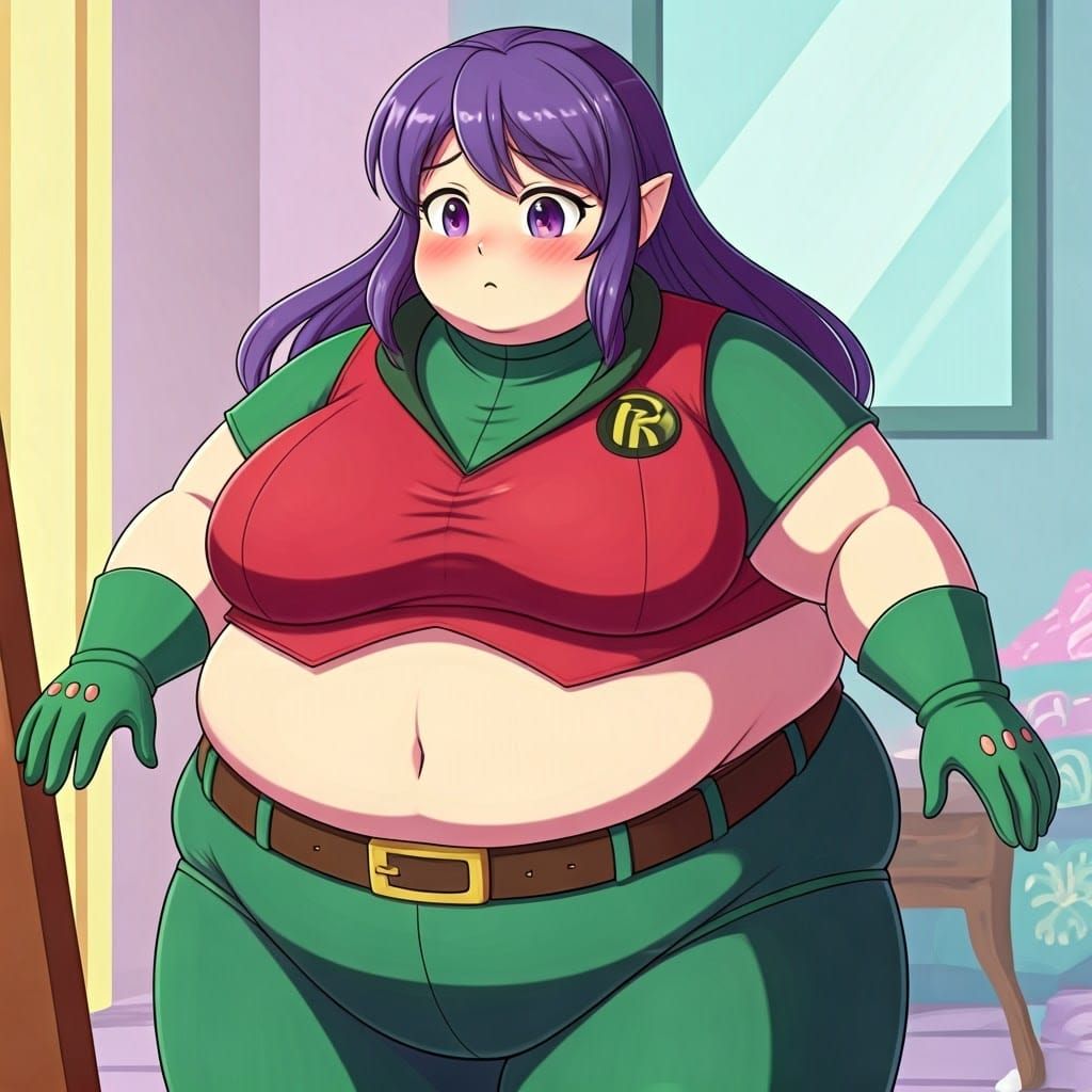 Chubby Robin Cosplayer in Torn Costume: Anime Art