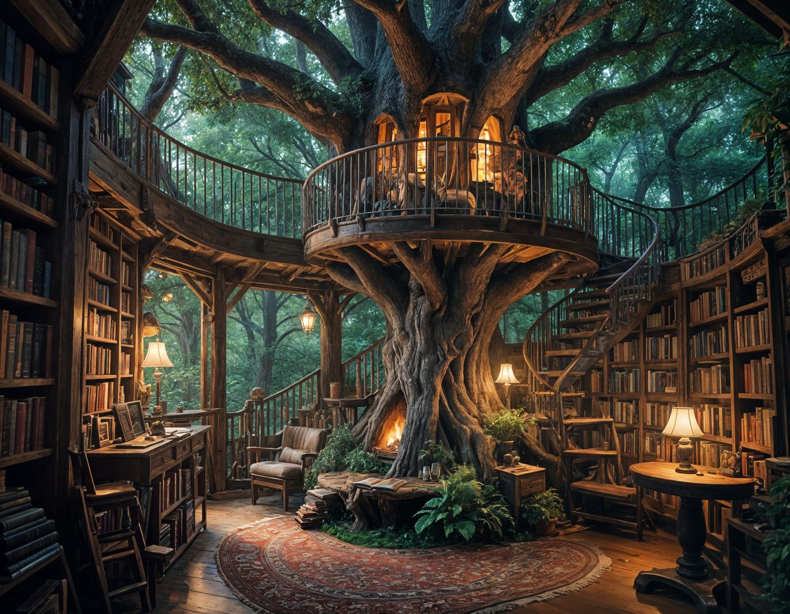 Enchanted Treehouse Library in Magical Colors