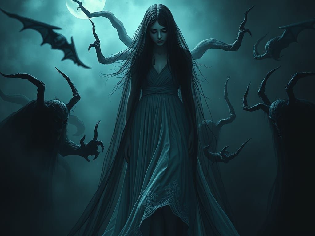 Mysterious Woman Radiating Beauty Amidst Darkness