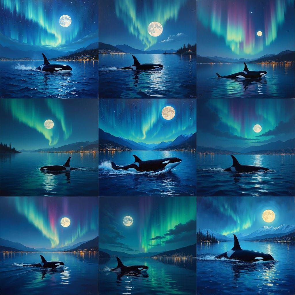 Orca Under Full Moon, Aurora Borealis, and City Lights