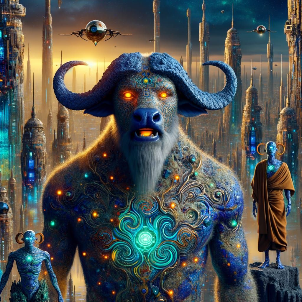 Futuristic Buffalo Entity in Sci-Fi Metropolis