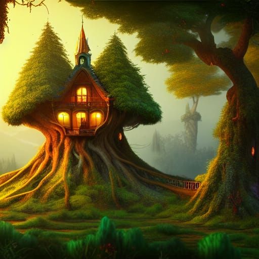 Fantasy Treehouse Concept Art in Detailed Matte Painting