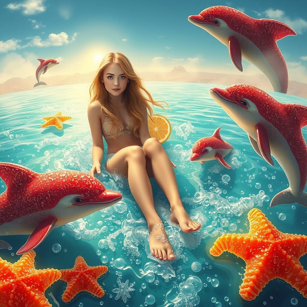 Woman on Soda Sea with Candy Dolphins