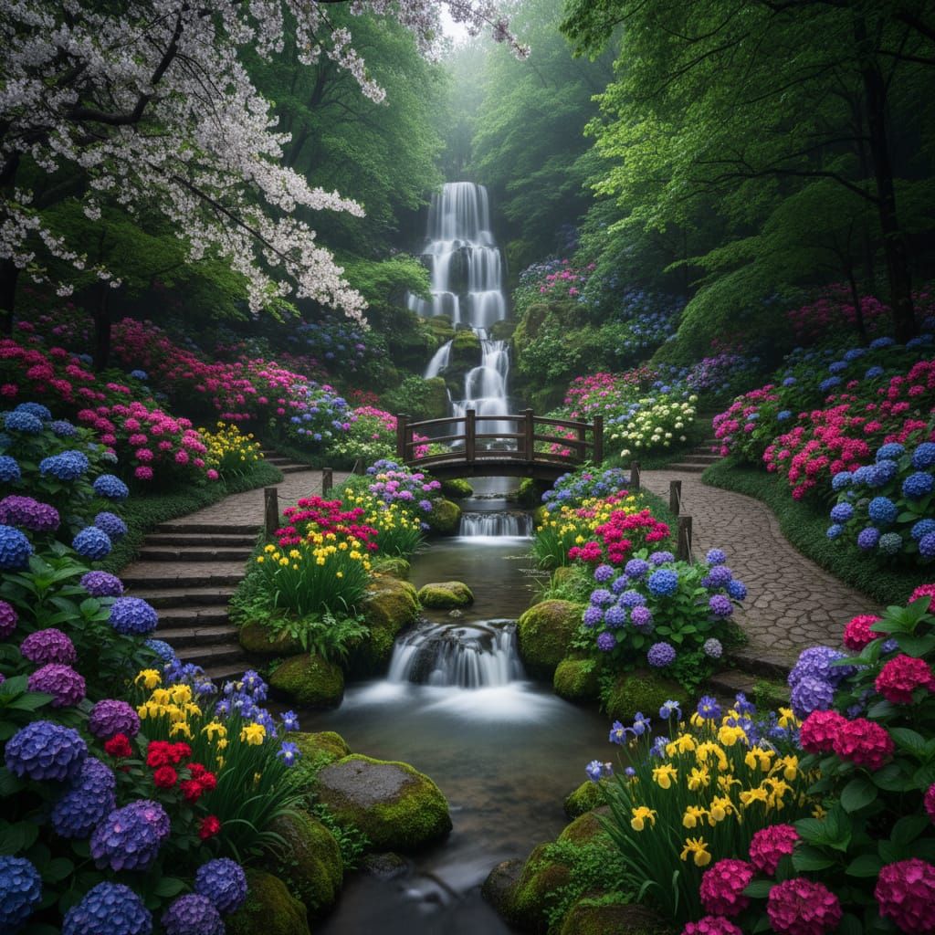 Hyperrealistic Waterfall in Garden Park