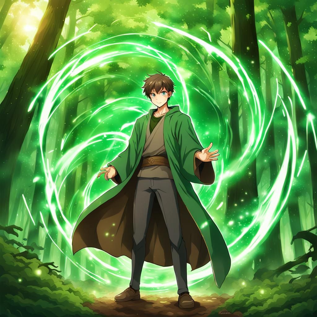 A green mage casting magic in the forest.