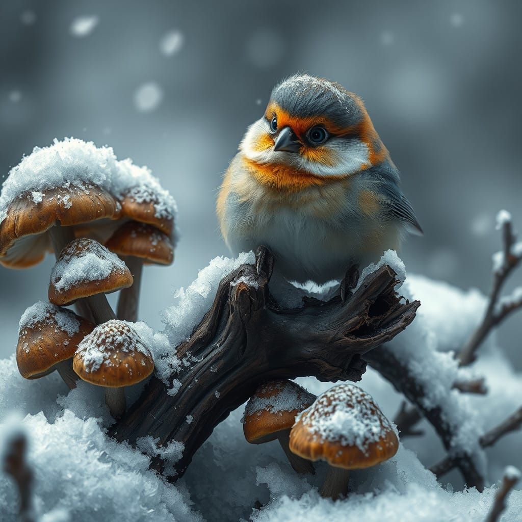 Whimsical Snow Bird in Frosty Winter Landscape