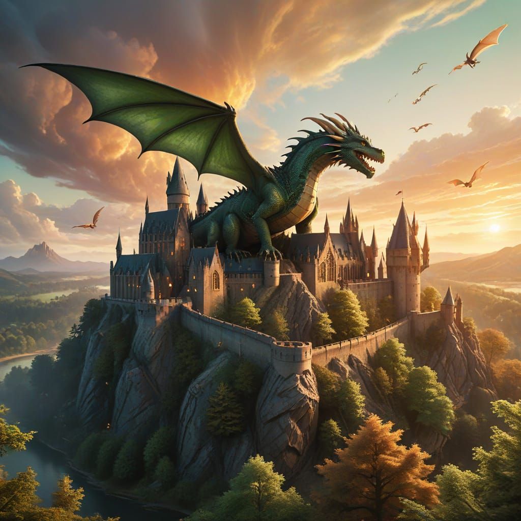 Hogwarts and Dragon in Watercolor Fantasy Art