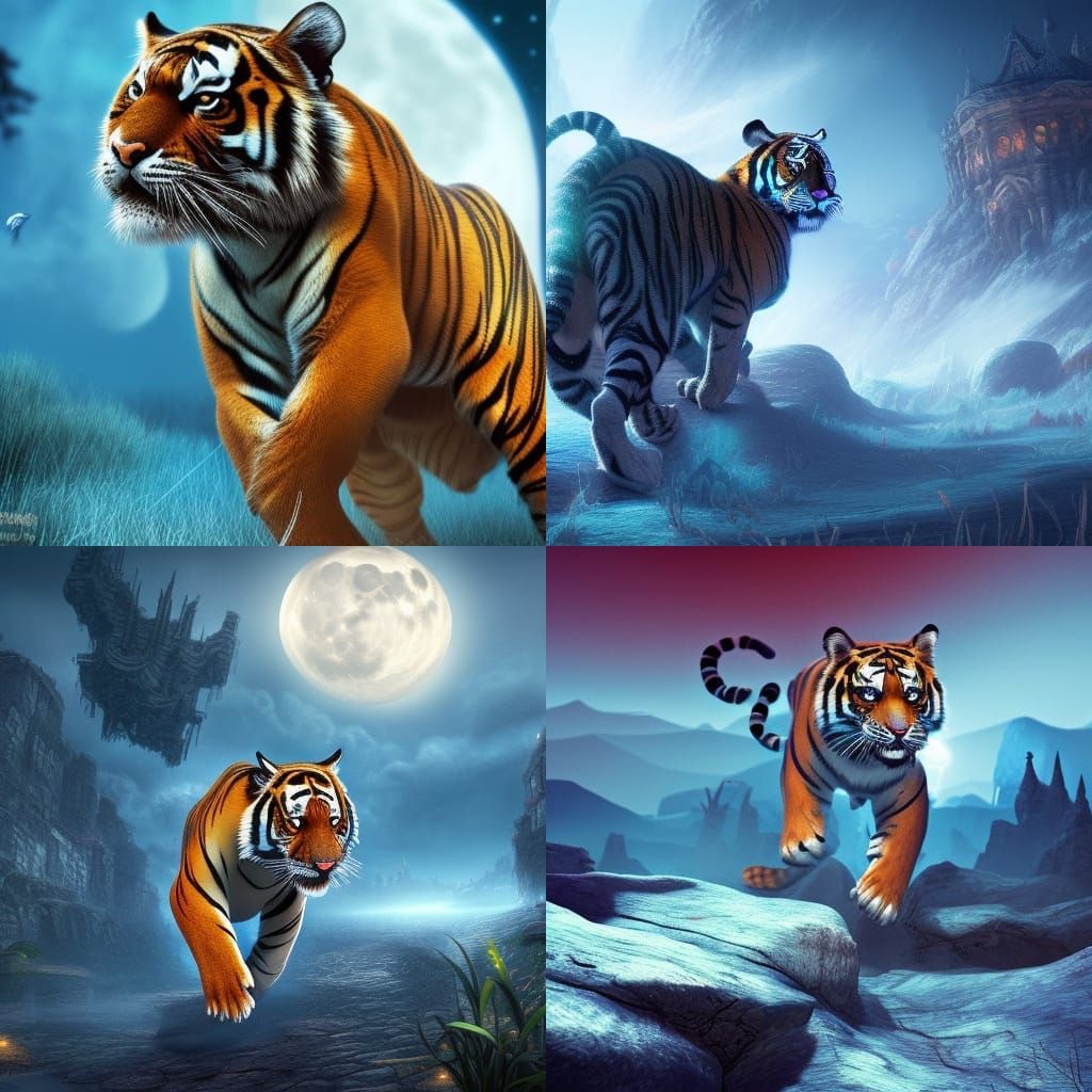 Tiger Running Under Blue Moon: Fantasy Concept Art