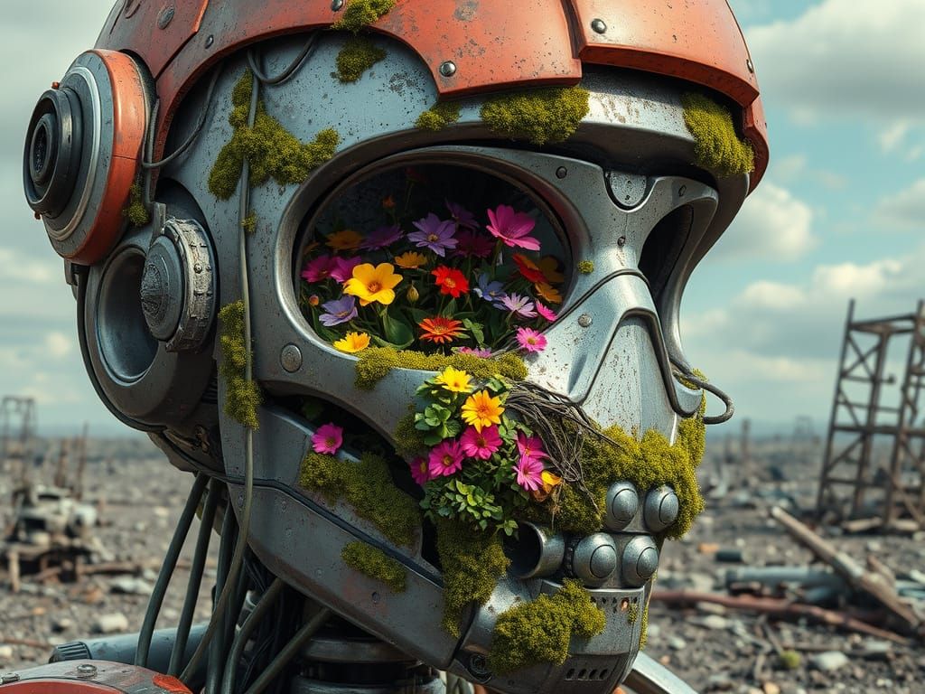 Robot Head Garden in Post-Apocalyptic Landscape