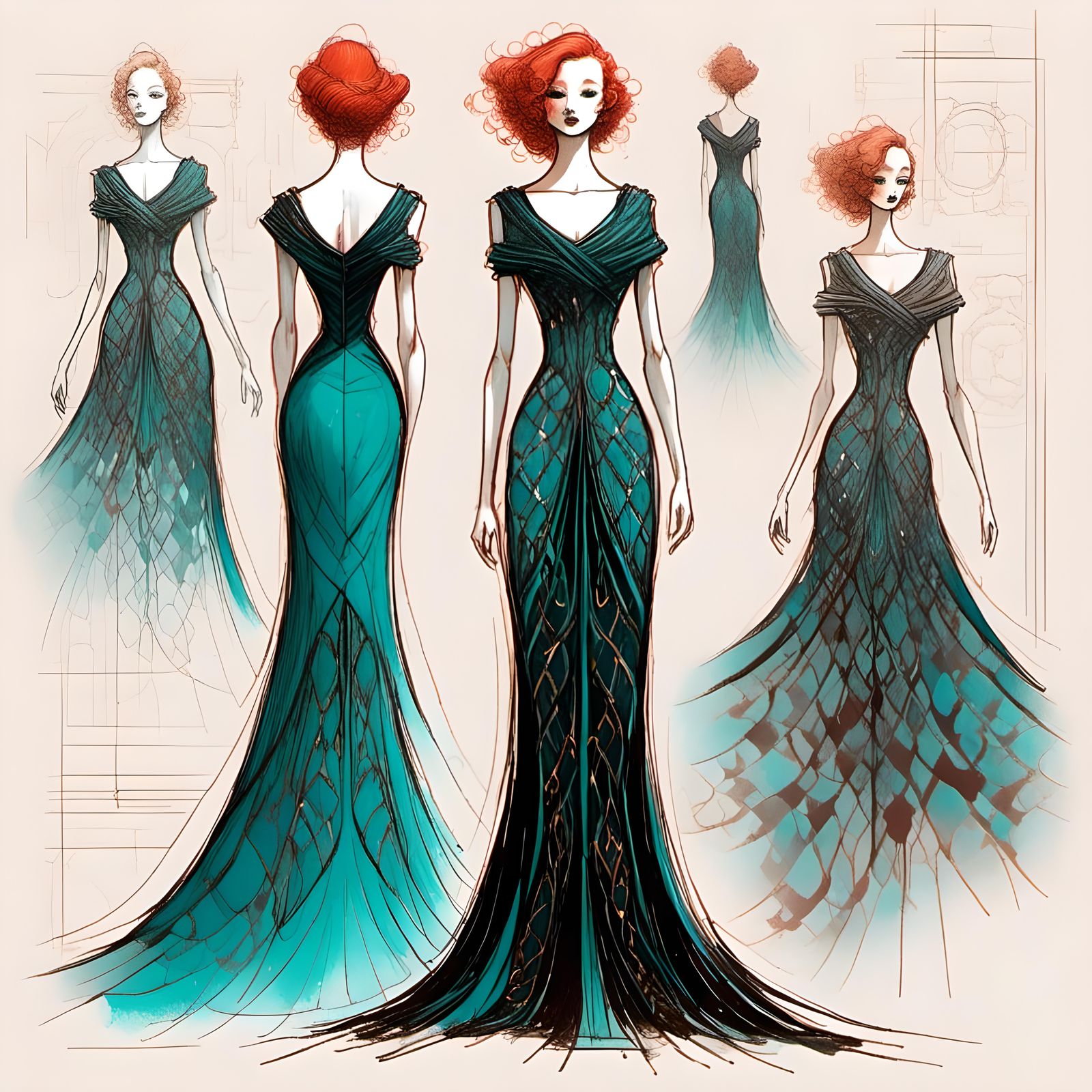 Futuristic Gown Concept Sketch with Retro Flair
