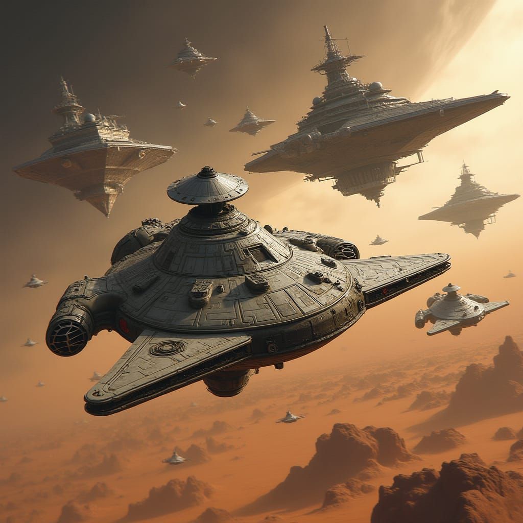 Starfighters Escort Blockade Runners over Desert Planet