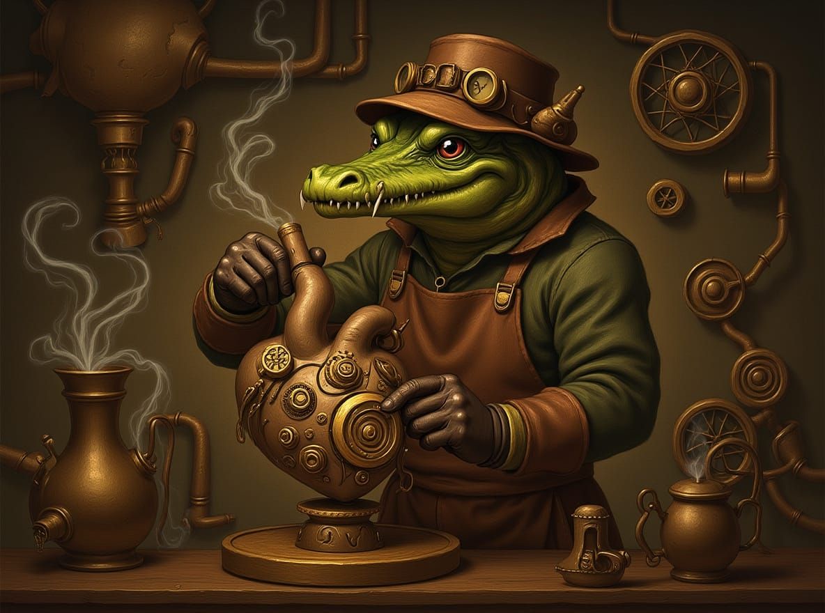 Steampunk Crocodile Mechanic Repairs Clockwork Heart