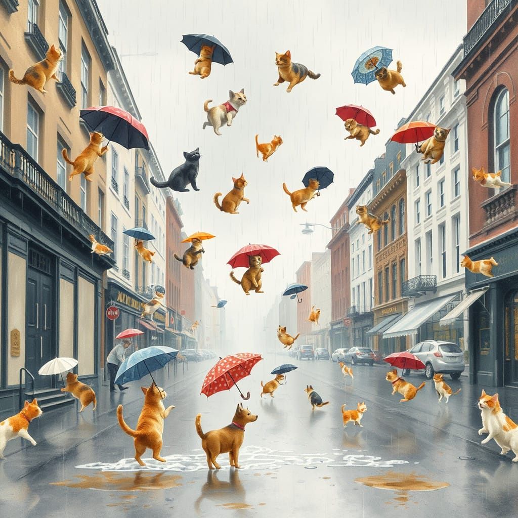 Whimsical City Street Scene in a Rainy Day Wonderland