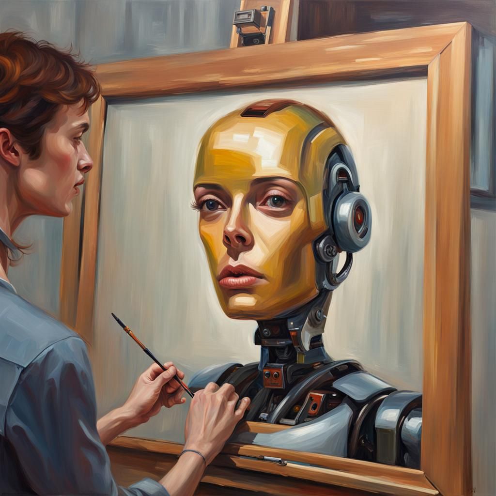 AI Robot's Self-Portrait: Oil Painting on Canvas