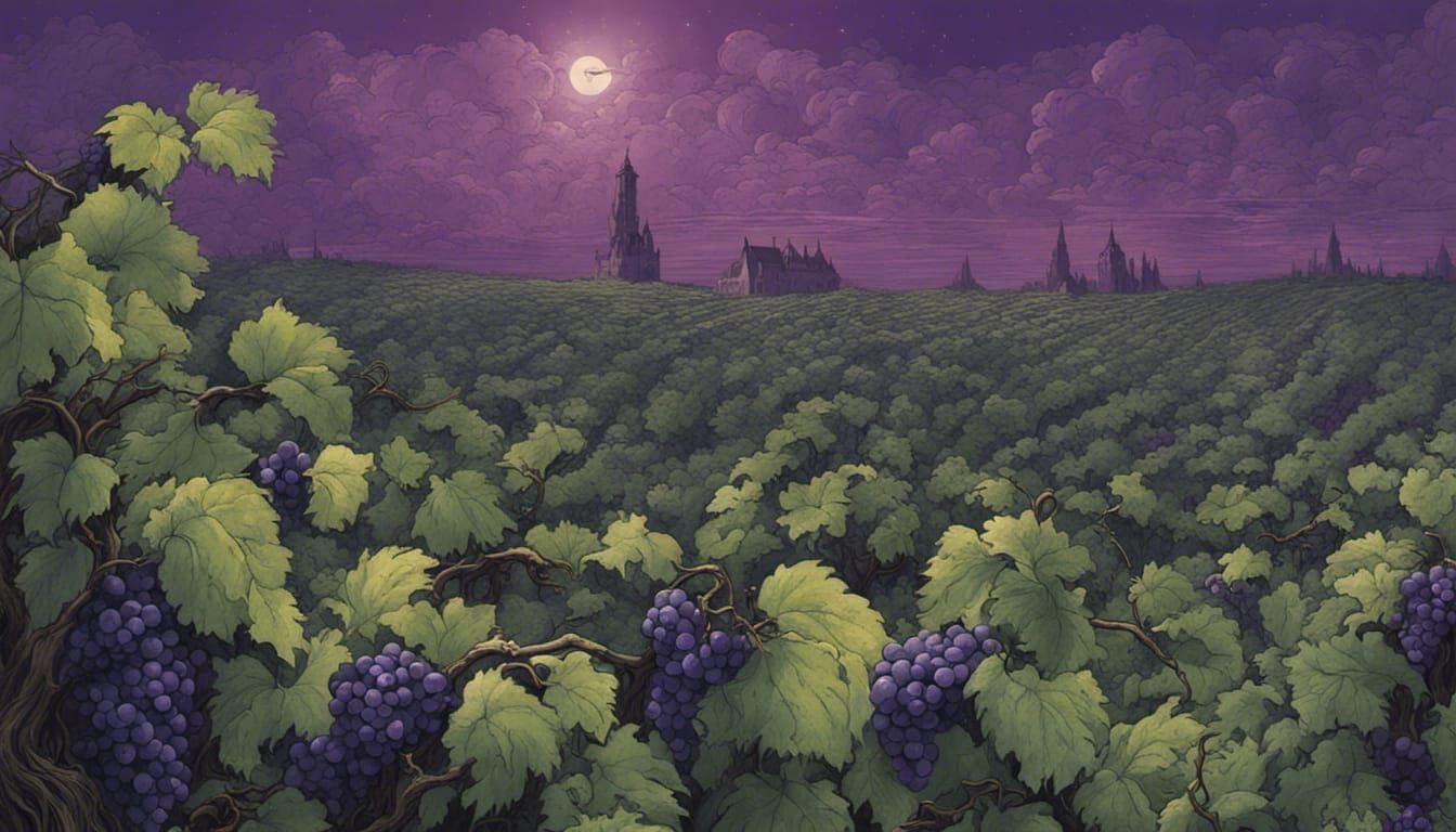 Fantasy Planet of Grapes in Dark Fantasy Style