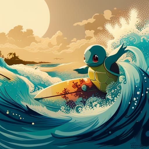 Squirtle Surfing in Blue Bubbles: 3D Sculpt