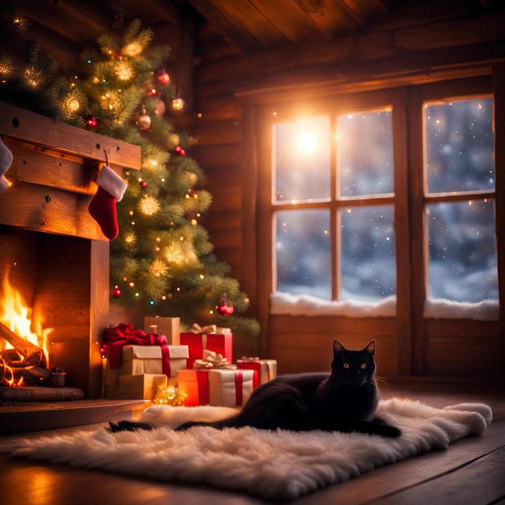 Black Cat Snuggles by Christmas Fireplace