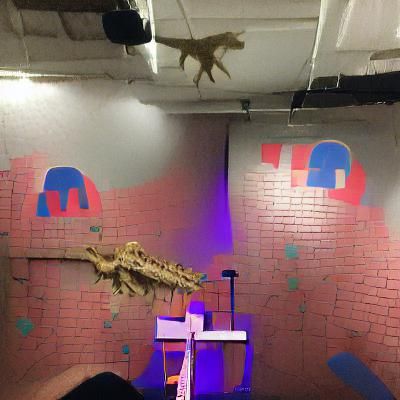 Humorous AI Image: Baby, Dinosaur, and Improv Class