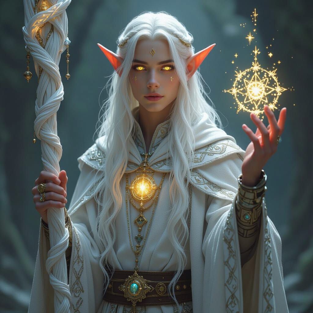 Androgynous Elf Weaving Glyphs in Ethereal Style