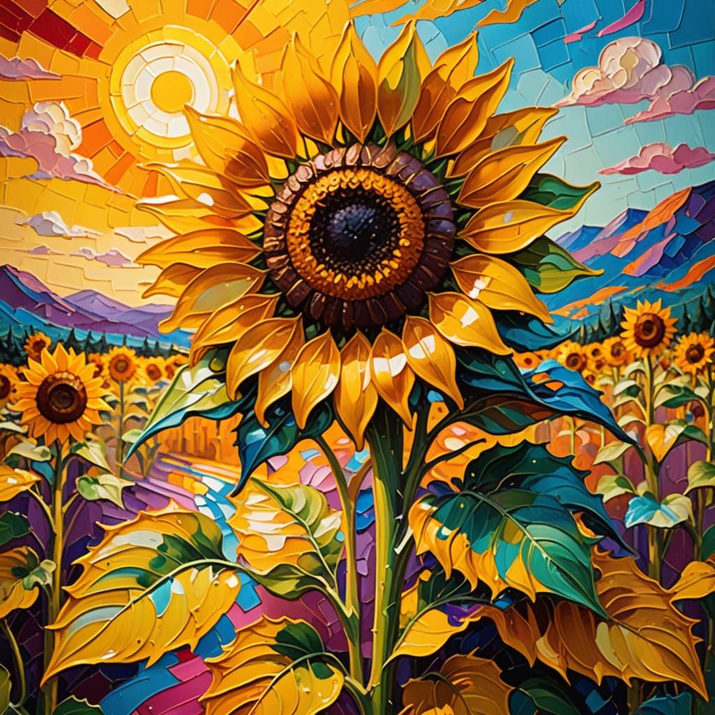 Sunflower in Candyland Diorama: Fauvist Oil Painting